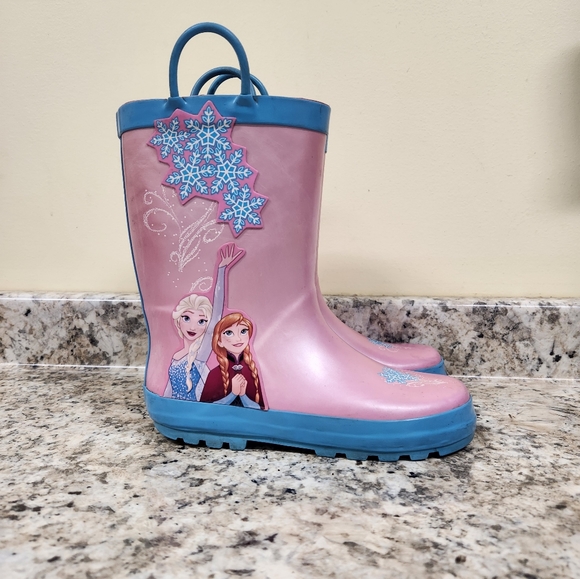 Disney Girls Frozen Anna Elsa Rainboots Flat Heel Rain Boots Size 13/1 - Picture 1 of 9